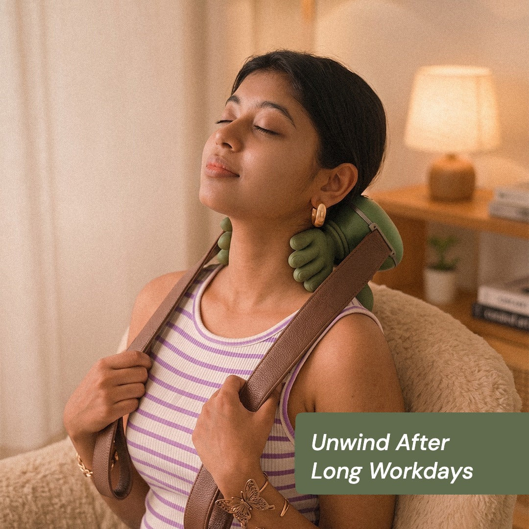 Woman unwinding with the EAZE neck and shoulder massager