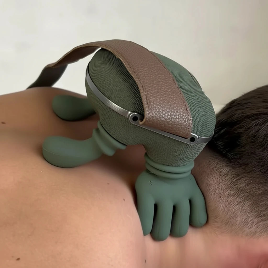 Person using a zevix massage device on their neck and shoulders against a plain background