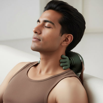 Man using a zevix neck and shoulder massager on a white couch
