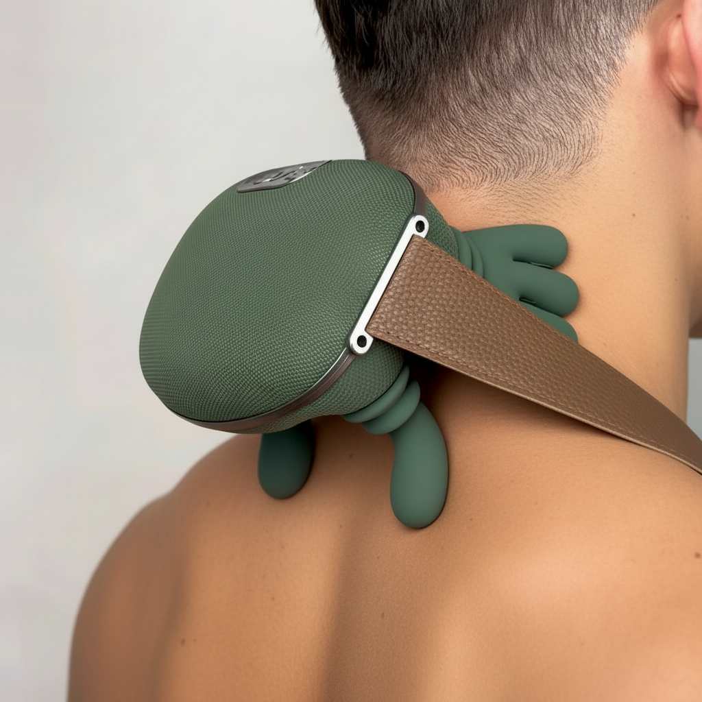 A person using a zevix neck and shoulder massager against a plain background