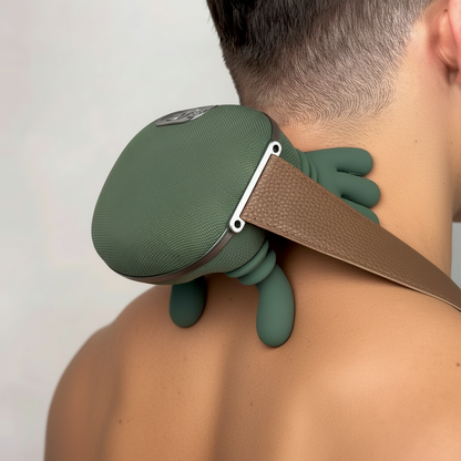 A person using a zevix neck and shoulder massager against a plain background
