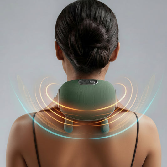 Person using a zevix neck massager with glowing lines on a gray background
