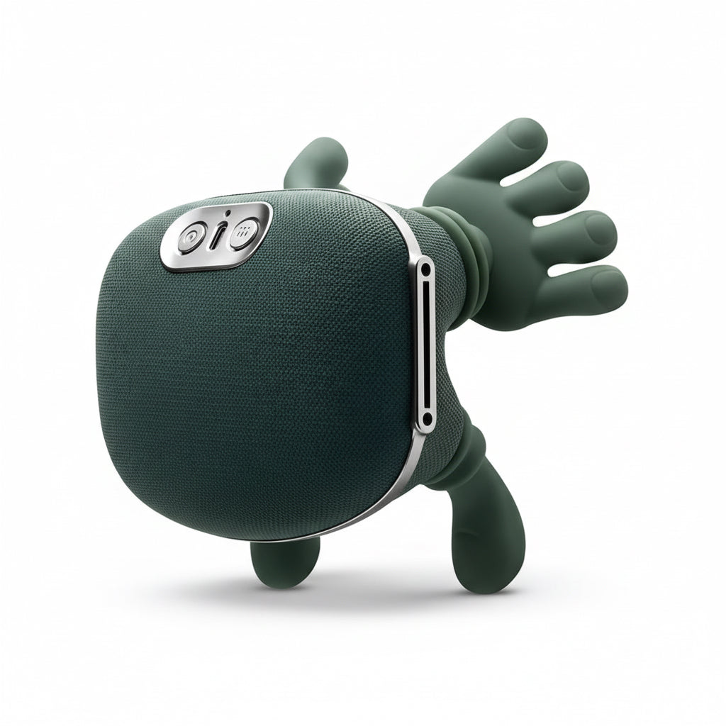 Zevix portable smart speaker in dark green with a fun mascot-style design, fabric mesh body, and built-in control buttons.